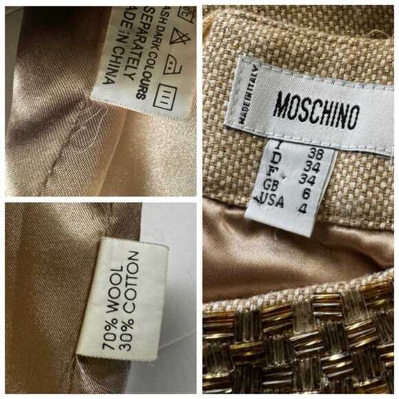 Moschino Vintage Y2K Beaded Gold A Line Mini Dress Metallic Wool Cotton Neutral - Picture 10 of 16